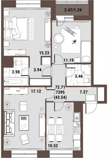 Трёхкомнатная квартира 75.3 м²