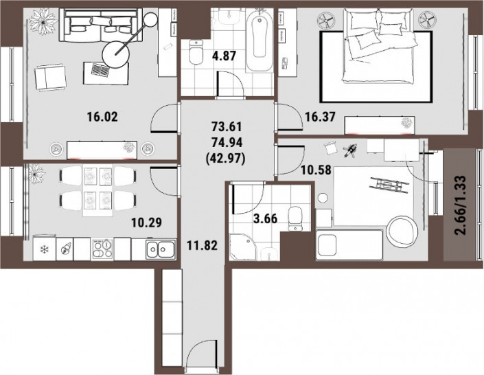 Трёхкомнатная квартира 76.6 м²